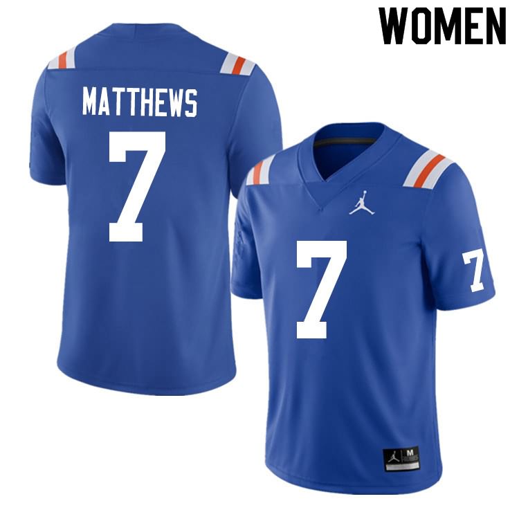 Women's NCAA Florida Gators Luke Matthews #7 Stitched Authentic Nike Blue Throwback College Football Jersey PIA1565UC